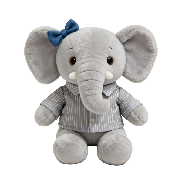 Grey Elephant Plush Toy Super Soft PP Cotton Filled with Blue Bow & Striped Shirt Stuffed Animal Big Comforter Birthday Gift