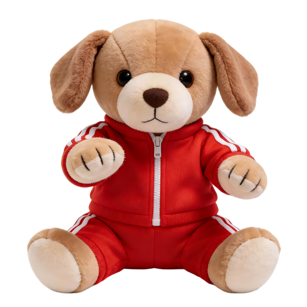 Cute Brown Puppy Plush Toy Super Soft PP Cotton Filled Red Tracksuit Stuffed Animal Big Comforter Birthday Gift